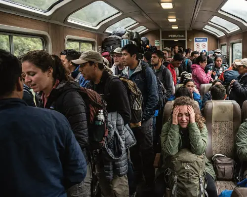 Stressed tourist on the train to Machu Picchu, packed with people