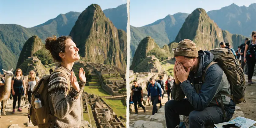 Tourist enjoying Machu Picchu, another tourist stressed and tired in Machu Picchu